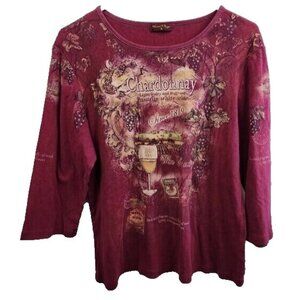Flower N Ring Womens Chardonnay Graphic Top XL Maroon Embellished Novelty Artsy